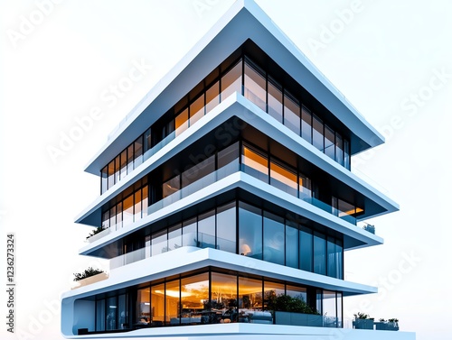 A sophisticated penthouse exterior, floortoceiling glass facade, panoramic luxury, isolated on white background photo