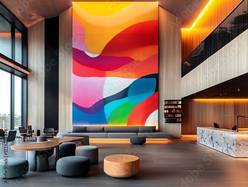 Boutique hotel lobby with artistic decor, designer furniture, and soft ambient lighting, modern hospitality design