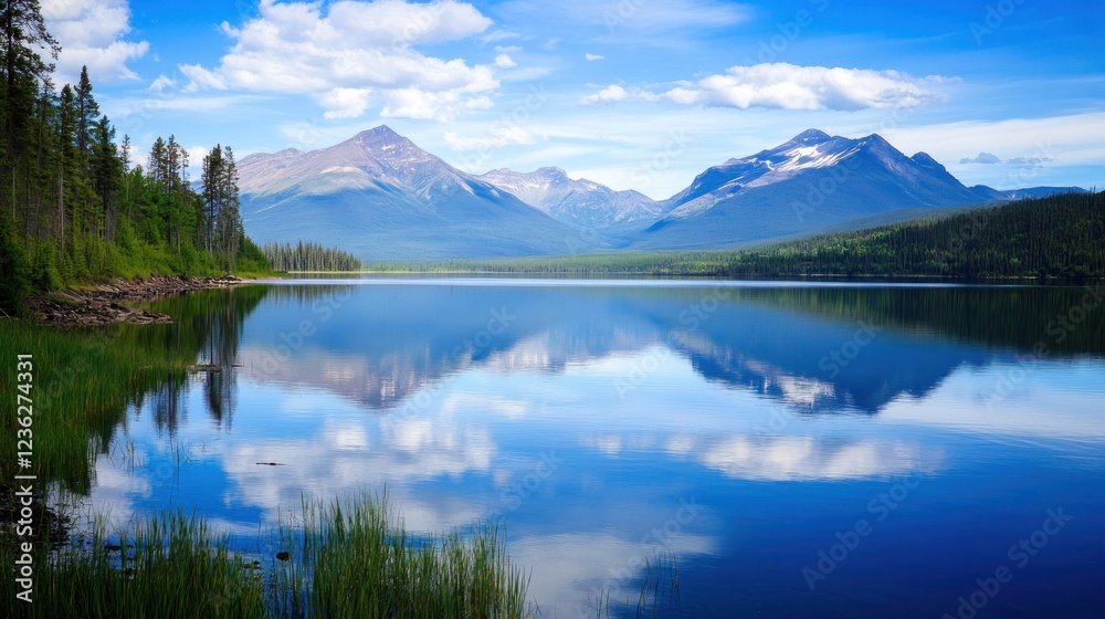 Serene lake reflections under a blue sky with snow capped mountains and forest Serene lake reflections under a blue sky with snow capped mountains and forest