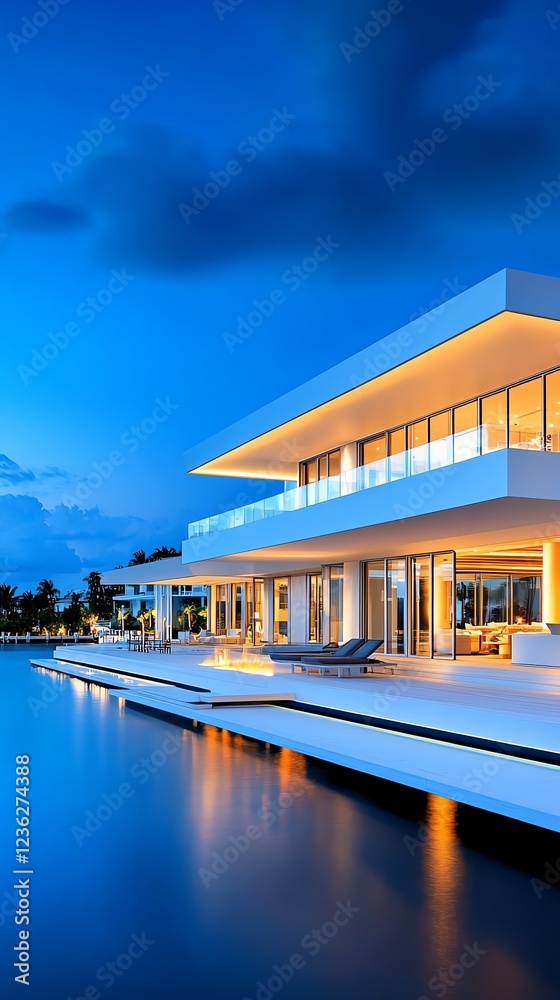 Fototapeta premium Exclusive private yacht club exterior with sleek white facades, water reflections, and ambient luxury lighting