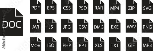 File icons set. Format of document on computer flat symbols. Audio extension graphic multimedia application software folders. Presentation audio designs vectors isolated on transparent background.