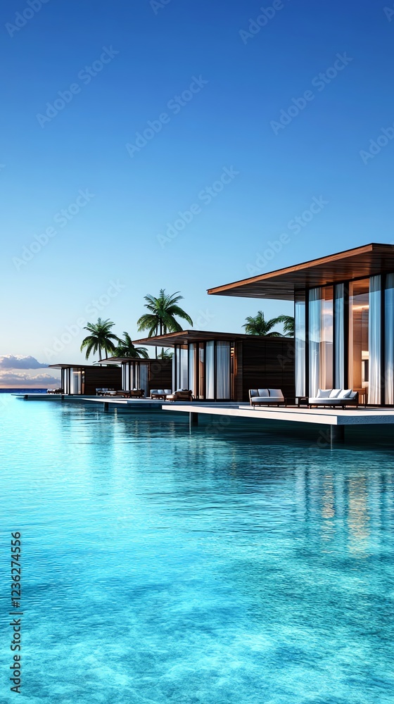 Fototapeta premium Floating luxury resort, modern facade design, overwater bungalows, 3D illustration