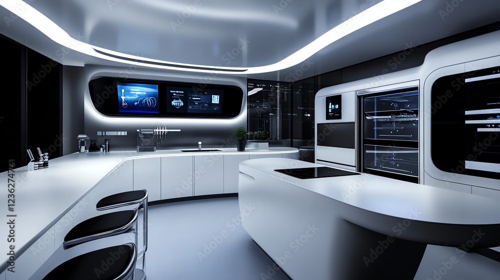 Futuristic kitchen with smart appliances, holographic displays, and voiceactivated controls, cuttingedge design Futuristic kitchen with smart appliances, holographic displays, and voiceactivated controls, cuttingedge design