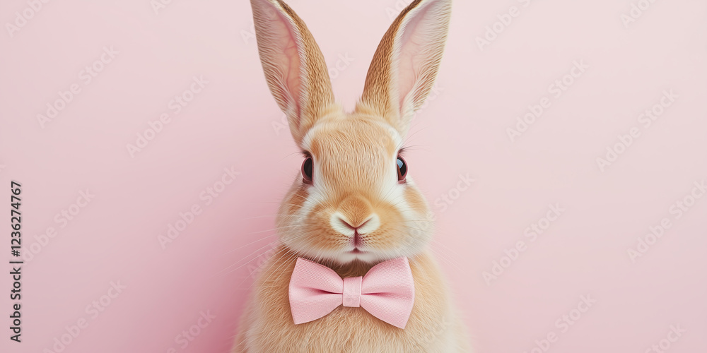 Obraz premium White rabbit wearing bow tie on solid pastel background with confetti. Celebrating Easter.
