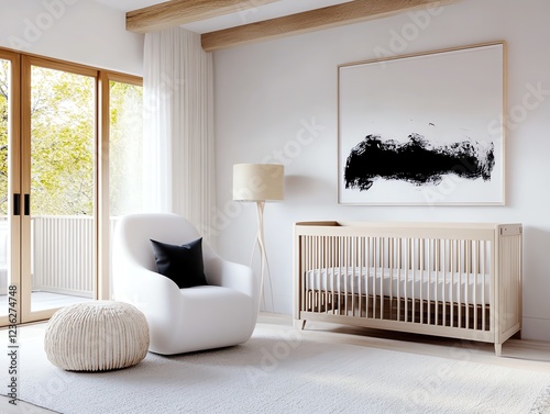 Contemporary nursery room with soft pastel colors, sleek furniture, and cozy decor, stylish babyfriendly design photo