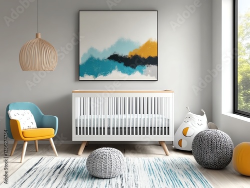 Contemporary nursery room with soft pastel colors, sleek furniture, and cozy decor, stylish babyfriendly design photo