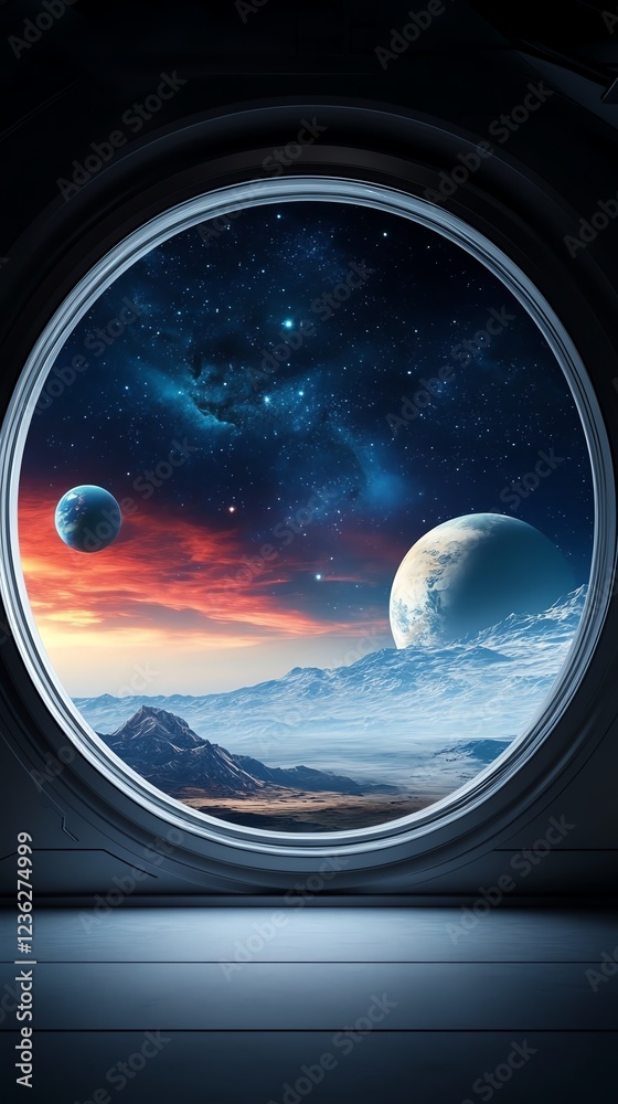 Naklejka premium Futuristic spaceship window, stars and planets, 3D illustration