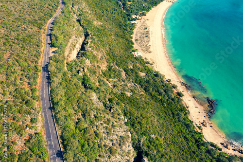 Obraz na płótnie Panoramic aerial view of Arrabida beach. Rocky seascape. Creiro beach. Setubal region, Atlantic Ocean, Portugal w salonie