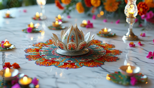 Diwali product display background podium, Rangoli-inspired setup, white marble flower, colorful rangoli pattern, Delicate marigold petals, small diyas, festive ambiance photo