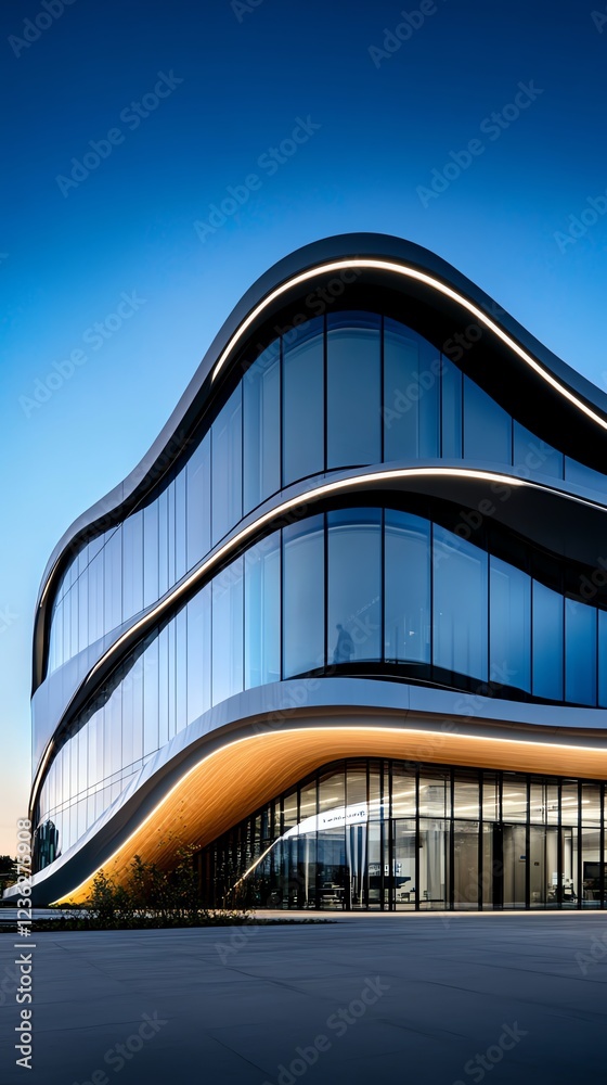Fototapeta premium Highend corporate headquarters facade with sustainable architecture, reflective glass, and futuristic curves