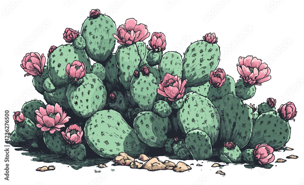 Earthy green tones with vibrant pink flowers in a detailed cactus sketchy engraving style, botanical art, desert decor, succulent plants, vintage sketch art