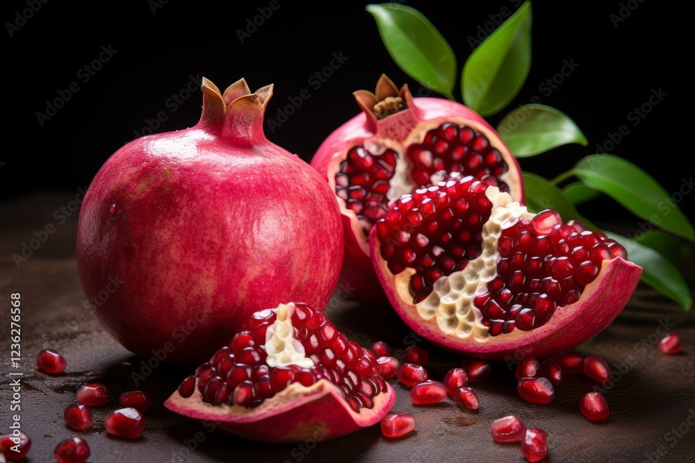 Fresh pomegranates showing their vibrant red seeds, accompanied by green leaves, creating a visually appealing display on a dark surface Fresh pomegranates showing their vibrant red seeds, accompanied by green leaves, creating a visually appealing display on a dark surface