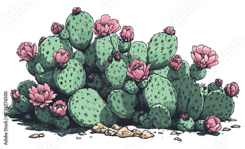 Earthy green tones with vibrant pink flowers in a detailed cactus sketchy engraving style, botanical art, desert decor, succulent plants, vintage sketch art