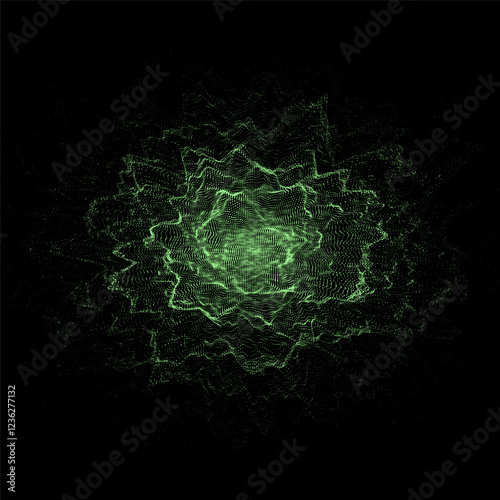 Vector digital technology wave. Dark cyberspace with green motion dots. Explosion of a wave of particles in a flow. Futuristic digital background. Big data analytics.