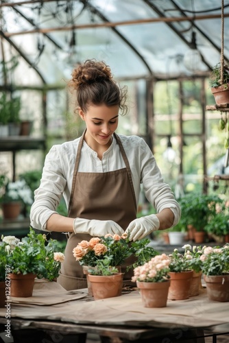 Pretty female gardener with brown apron on arranging flowers in the greenhouse.