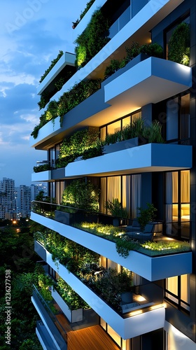 Highend apartment complex with sleek balconies, soft LED lighting, and a lush vertical garden, sophisticated city living