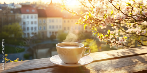 Fototapeta Naklejka Na Ścianę i Meble -  Cup of coffee on a table of outdoor cafe on sunny spring day in typical European town. Having a cup of hot beverage in the morning.