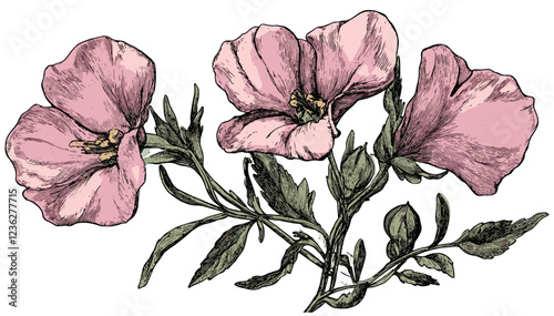 1905 Sweet Pea flower design, sketchy engraving of muted pink blooms with green foliage, vintage botanical art, flower sketch, home decor art, floral vintage illustration