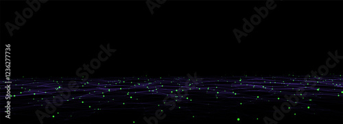 Technology vector perspective grid background. Digital space wireframe landscape. Dark cyberspace with colors motion dots and lines. Futuristic digital mesh background. Big data analytics.