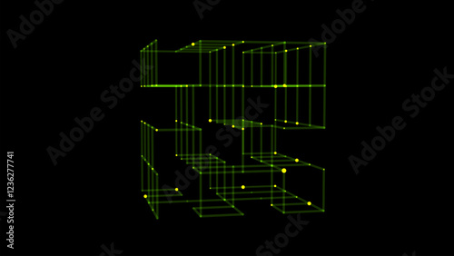 Vector futuristic space green cube. Network connection structure cyberspace with moving particles in closed room. Big data visualization. Abstract cyber security background.