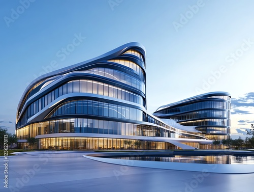 Hightech business park, sleek glass buildings, modern infrastructure, 3D illustration