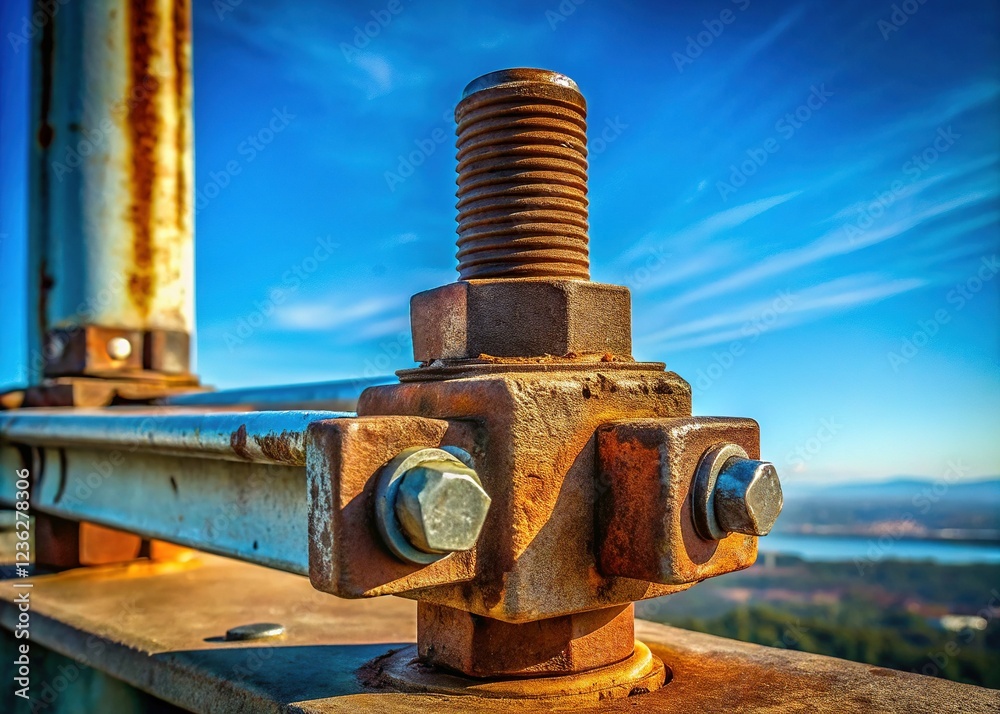 Rusty Old Double Nuts on Bolted Joint with Blue Sky Background Rusty Old Double Nuts on Bolted Joint with Blue Sky Background