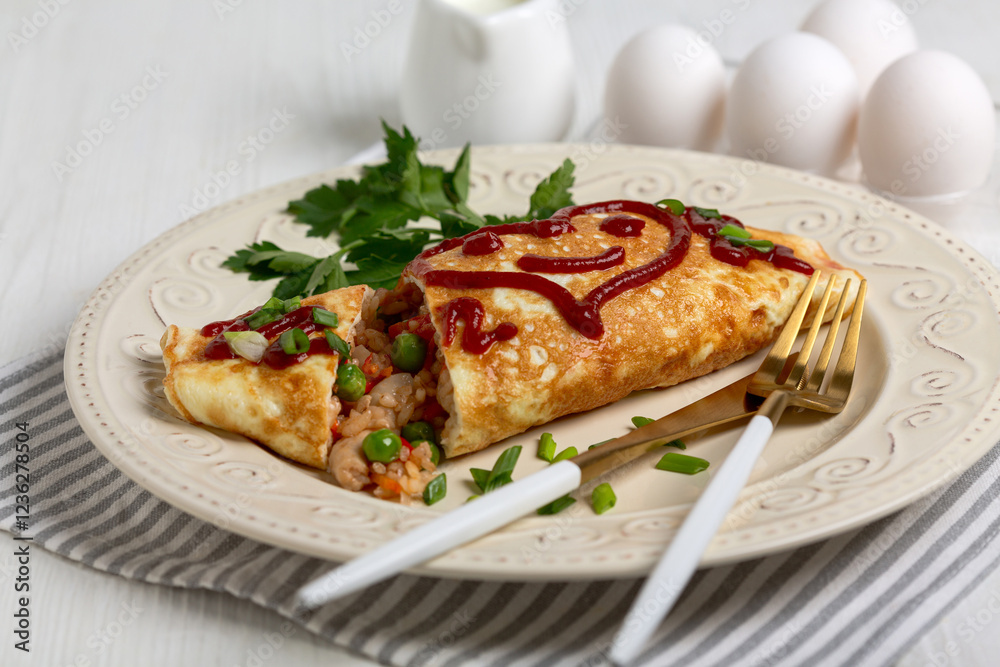 Omelet with chicken, rice and vegetables. Omelet with chicken, rice and vegetables.