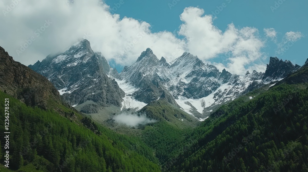 Fototapeta premium Majestic snow-capped mountains, valley, clouds, summer, nature, travel, landscape, scenic, poster