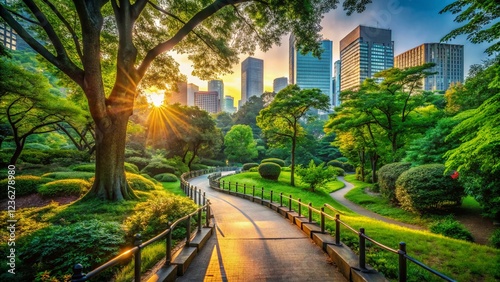 Hibiya Park Tokyo: Urban Exploration Photography - Sunlit Pathway & Lush Greenery photo