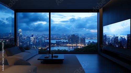 Modern smart home window, AIcontrolled cityscape, 3D illustration photo