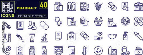 Pharmacy icon set. Medicine, bandage, medication, prescription, treatment, health and syringe symbol.	