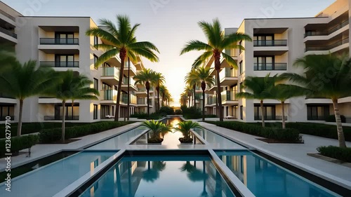 Luxury Resort with Modern Apartments, Palm Trees, and a Long Infinity Pool Reflecting the Sunset Sky

 photo