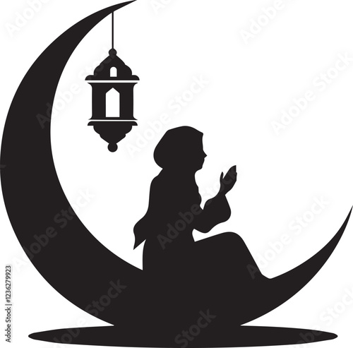 Silhouette of a Praying Muslim Woman on Crescent Moon with Hanging Lantern - Islamic Art