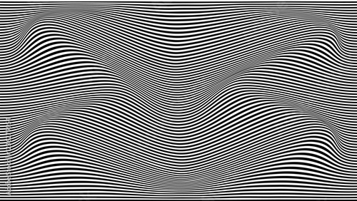 Psychedelic wave optical illusion. Abstract vector distorted background with black and white lines. Op art pattern textures.