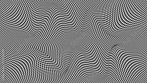 Psychedelic wave optical illusion. Abstract vector distorted background with black and white square cells. Op art pattern textures.