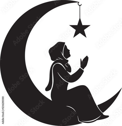 Silhouette of a Praying Muslim Woman on Crescent Moon with Hanging Lantern - Islamic Art