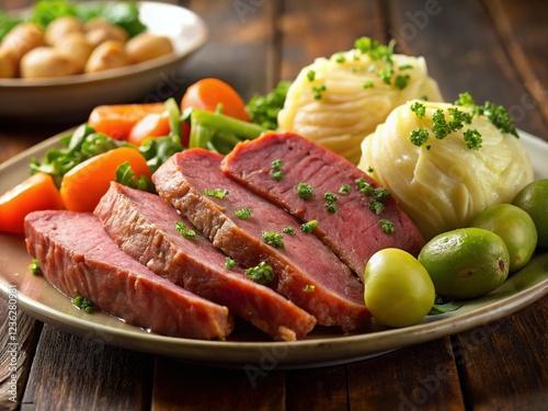 St. Patrick's Day Feast of Corned Beef and Cabbage with Roasted Potatoes and Carrots photo