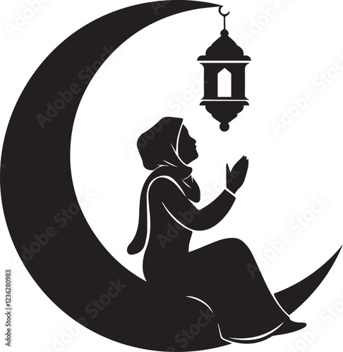 Silhouette of a Praying Muslim Woman on Crescent Moon with Hanging Lantern - Islamic Art