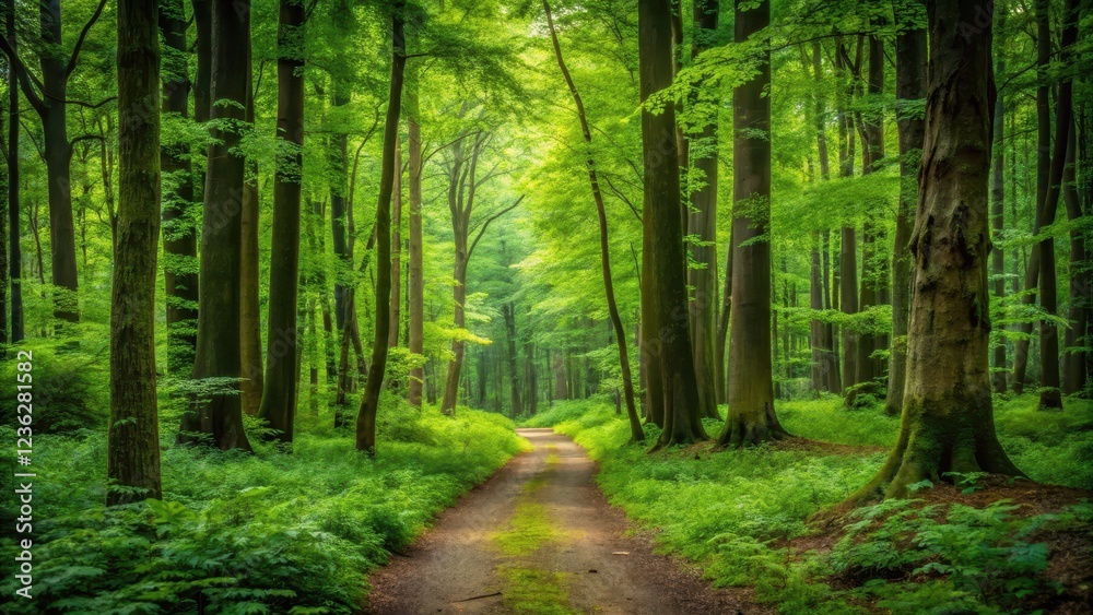 Fototapeta premium path through dense green forest, wilderness path, forest floor