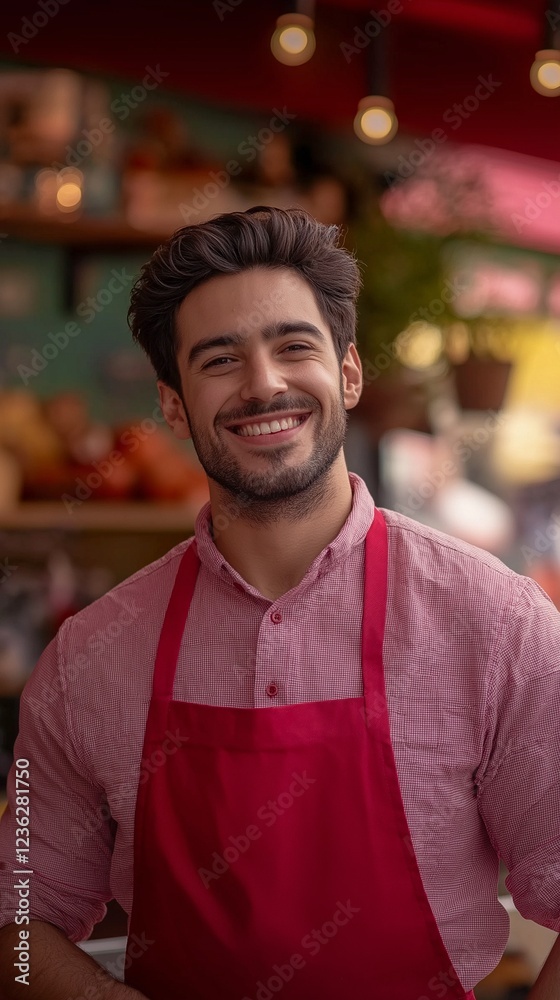 Fototapeta premium A cheerful waiter wearing a red shirt and red apron is seen smiling at the camera while dancing to freestyle music.