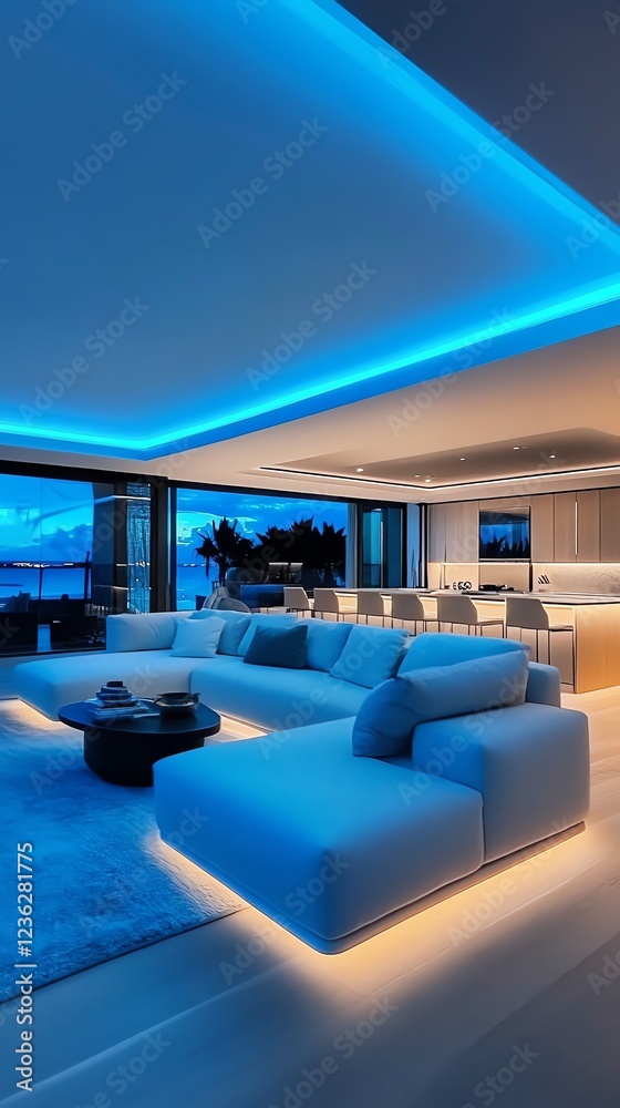 Smart living room with appcontrolled lighting, AIpowered sound system, and futuristic furniture Smart living room with appcontrolled lighting, AIpowered sound system, and futuristic furniture