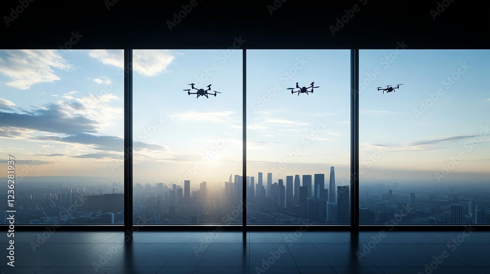 Naklejka premium Office window, downtown skyline and flying drones, 3D illustration