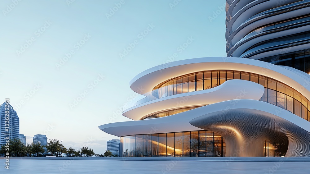 Fototapeta premium Ultrafuturistic skyscraper, curved glass facade, hightech design, 3D illustration