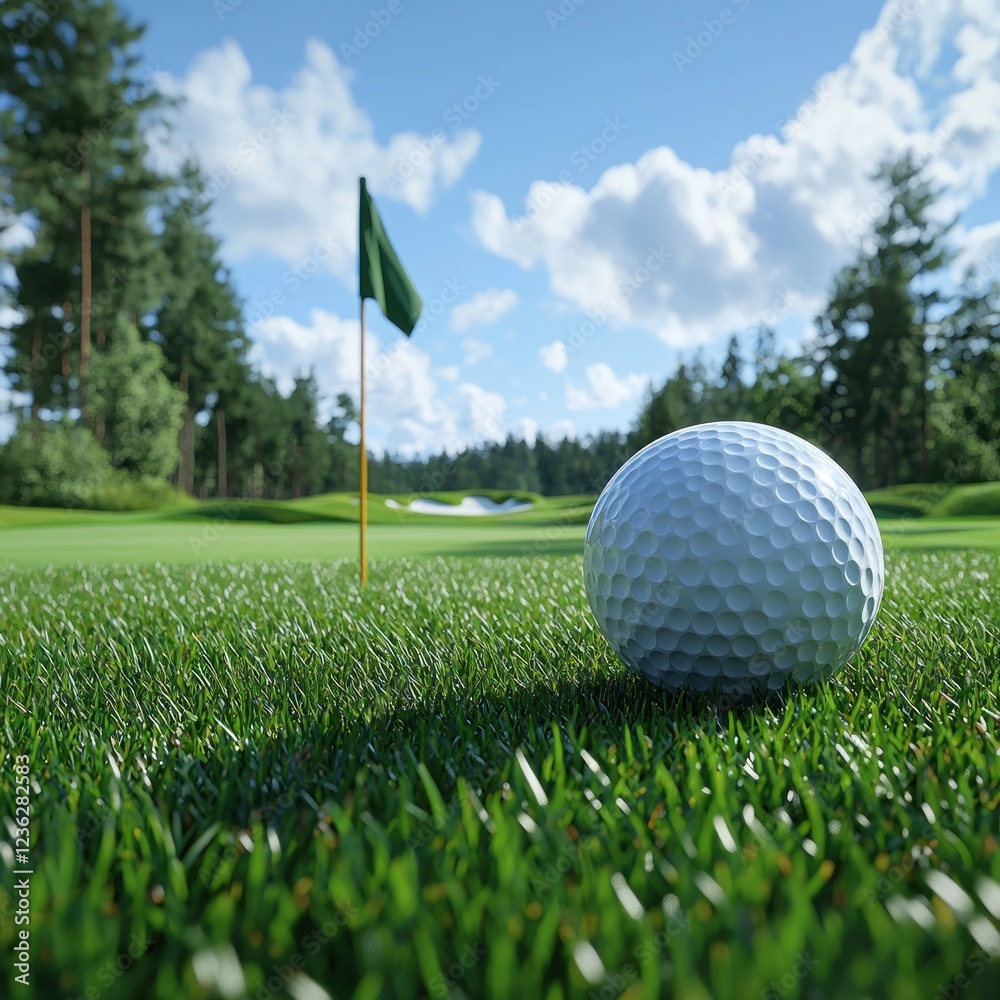 Obraz premium Golf ball on green with flag and trees in background, perfect for sports ads