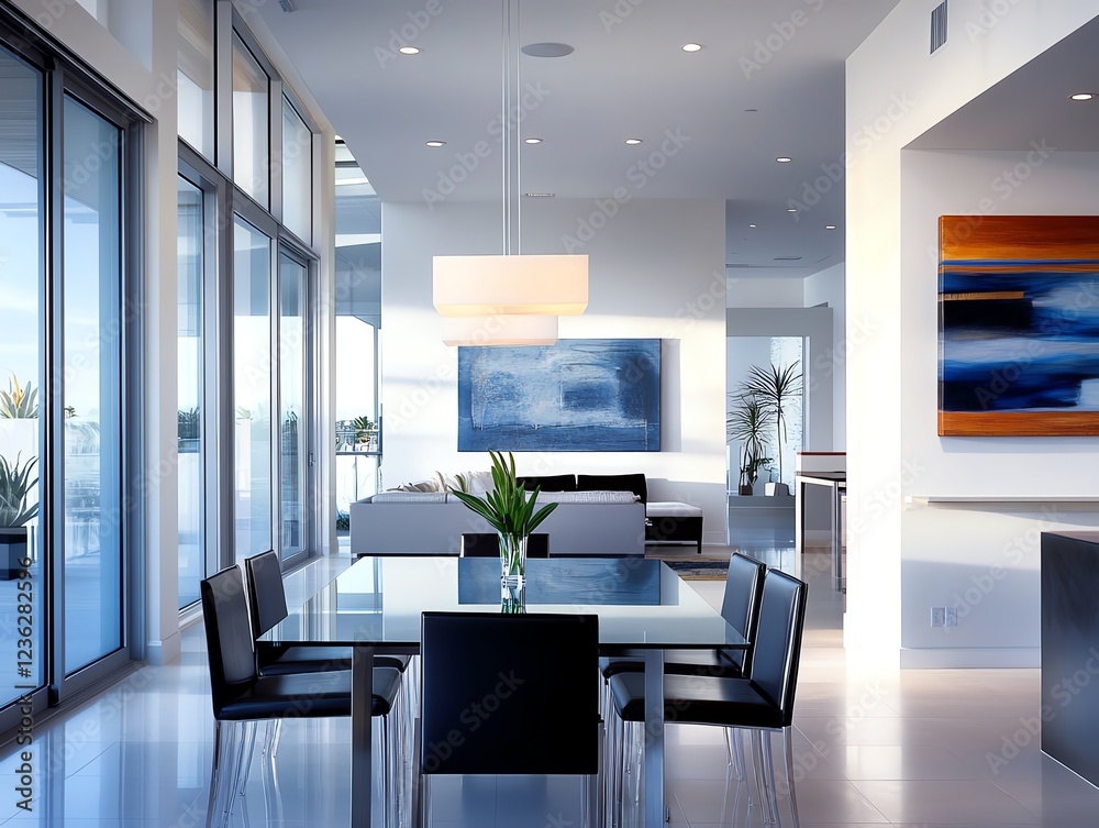 © nitiroj - Ultramodern dining room with glass table, artistic pendant lighting, and contemporary chairs, stylish and sophisticated © nitiroj - Ultramodern dining room with glass table, artistic pendant lighting, and contemporary chairs, stylish and sophisticated