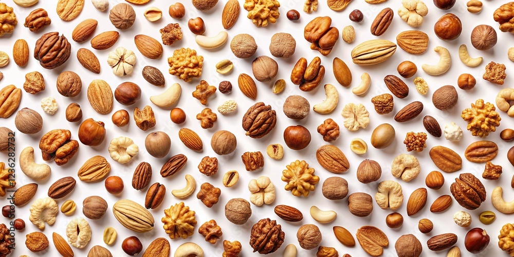 Top View of Assorted Isolated Nuts Including Walnut, Cashew, Almond, and Hazelnut on White Backdrop