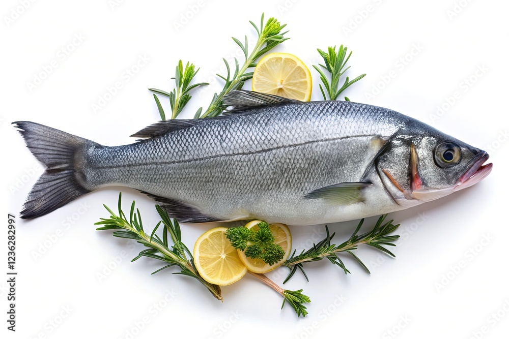 Top View of Isolated Sea Bass Fich on White Background Top View of Isolated Sea Bass Fich on White Background