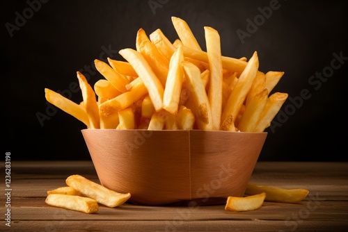 French fries overflowing a wooden bowl on a rustic wooden table against a dark background