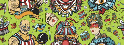 Circus. Traditional tattooing background. Old school tattoo seamless pattern. Clown, strong man with dumbbells, fortune teller woman, magic trick, rabbit in a magician hat