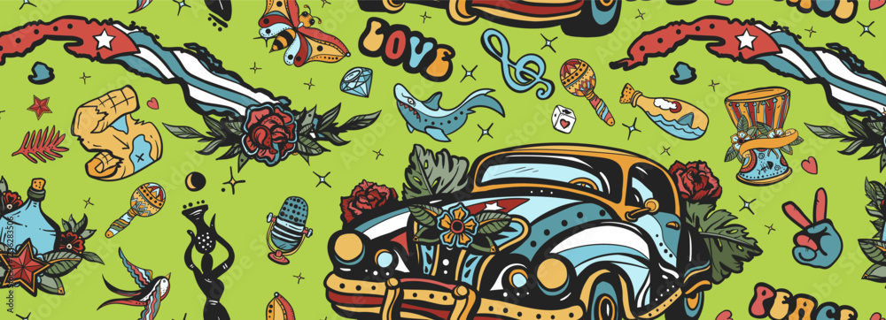 Obraz premium Cuba. Seamless pattern. Havana retro cars. History and culture, island of freedom. Traditional tattooing background